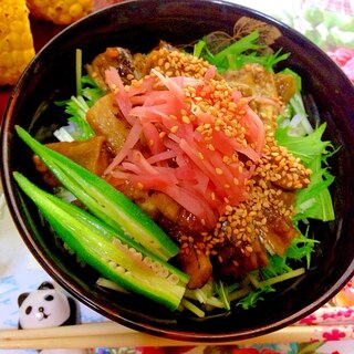 焼き茄子と水菜のさっぱり梅つゆ丼